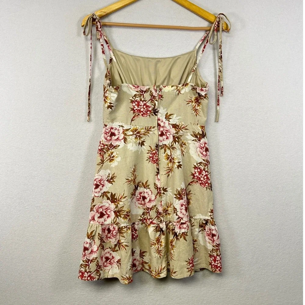 Speechless Floral Print‎ Mini Dress Tan Pink White Ruffle Hem - Picture 2 of 9